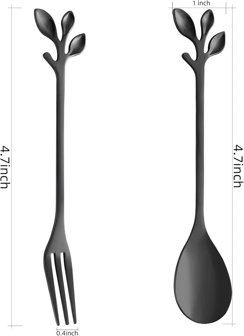 AnSaw Stainless Steel Black Leaf Coffee Spoon Cake Fork- 10 Pcs Creative Tableware Dessert Spoons, Stirring, Mixing, Sugar, Stir, Ice Cream,Fruit, Cake, Teaspoon Set (Black-5Spoon+5Forks) | Stainless Steel,Ideal for Coffee,Tea, Dessert,Appetizers, Tastings, Parties, Charcuterie & Cocktails - Image 2