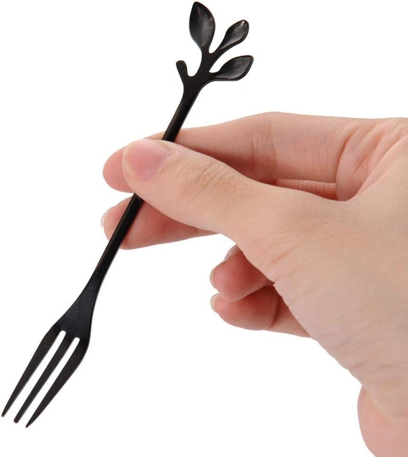 AnSaw Stainless Steel Black Leaf Coffee Spoon Cake Fork- 10 Pcs Creative Tableware Dessert Spoons, Stirring, Mixing, Sugar, Stir, Ice Cream,Fruit, Cake, Teaspoon Set (Black-5Spoon+5Forks) | Stainless Steel,Ideal for Coffee,Tea, Dessert,Appetizers, Tastings, Parties, Charcuterie & Cocktails - Image 4