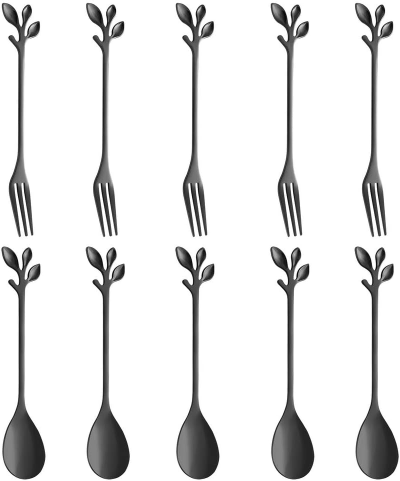 AnSaw Stainless Steel Black Leaf Coffee Spoon Cake Fork- 10 Pcs Creative Tableware Dessert Spoons, Stirring, Mixing, Sugar, Stir, Ice Cream,Fruit, Cake, Teaspoon Set (Black-5Spoon+5Forks) | Stainless Steel,Ideal for Coffee,Tea, Dessert,Appetizers, Tastings, Parties, Charcuterie & Cocktails - Image 1