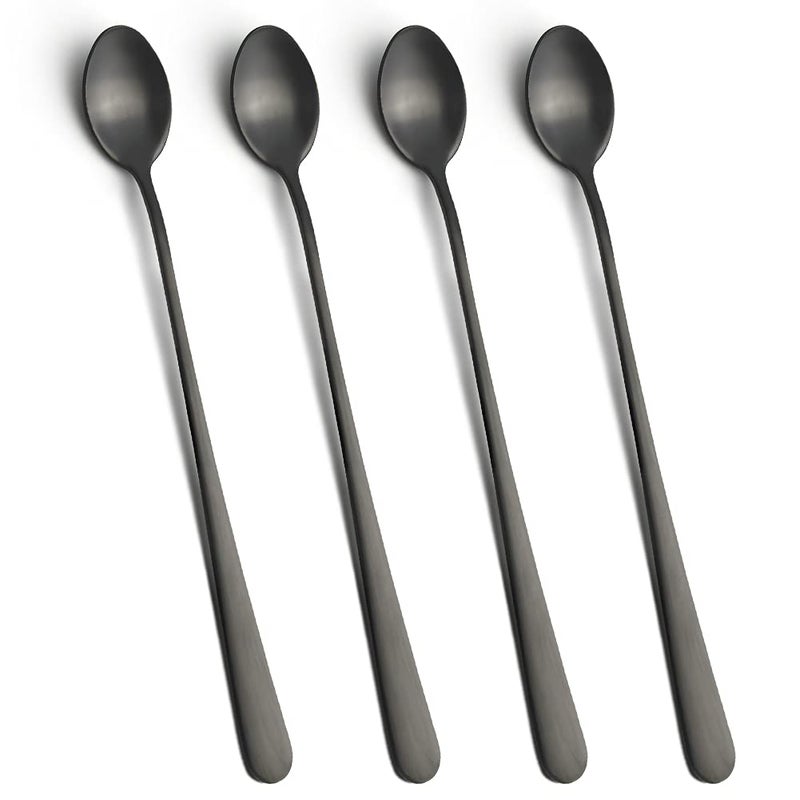 IQCWOOD Long Handle Ice Tea Spoons 9inch Black Coffee Stirrers Stainless Steel Coffee Bar Spoon Long Tea Spoon Cocktail Spoons for Stirring Set of 4