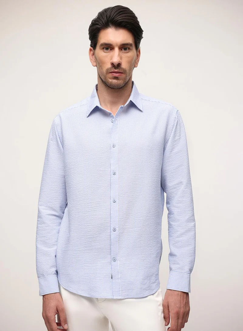 Dennis Lingo Light Blue Striped Button Down Relaxed Shirt For Men