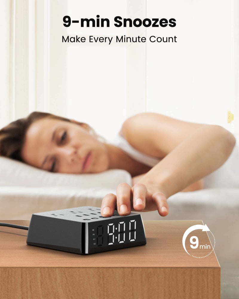 JACKYLED Alarm Clock with 4 USB Chargers Power Strip 3 Outlets 1700J Surge Protector Nightstand Dimmable Digital Clock with Dual Alarm and Snooze Function for Bedroom, Full Screen LED Display - Image 4