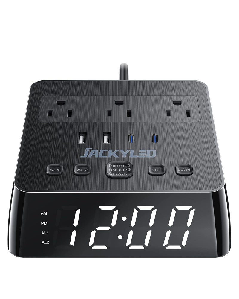 JACKYLED Alarm Clock with 4 USB Chargers Power Strip 3 Outlets 1700J Surge Protector Nightstand Dimmable Digital Clock with Dual Alarm and Snooze Function for Bedroom, Full Screen LED Display - Image 1