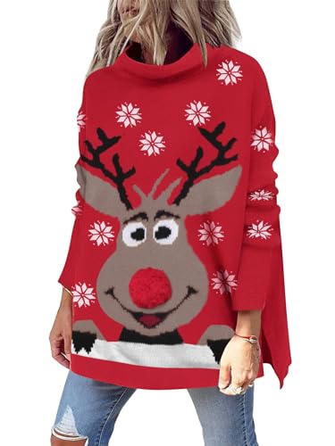 LILLUSORY Ugly Christmas Sweater Women Funny Mock Turtleneck Oversized Knit Pullover 2025 Tunic Tops Wear with Leggings XmasDeer L - Image 4