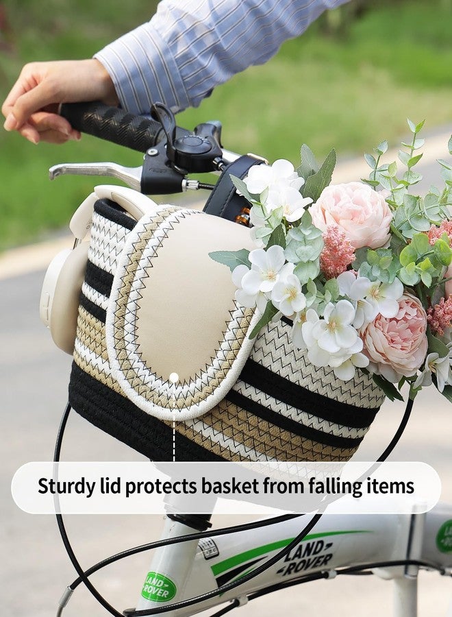 WeGear Handmade Bike Basket Front, Woven Bicycle Baskets for Adult Bikes, Rustic Detachable Handlebar Basket with Lid, Adjustable Leather Straps,Black - Image 3