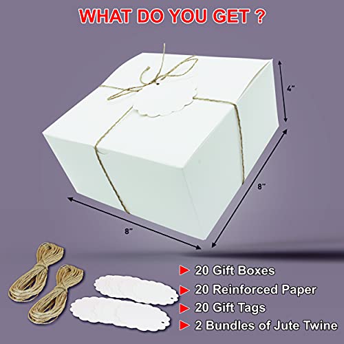 mudrit (20 Pack) Gift Boxes, Thick White Paper Boxes with Lids with 20 Tags & Jute Rope | for Gifts and Favours- 8x8x4 Inches, - Image 4
