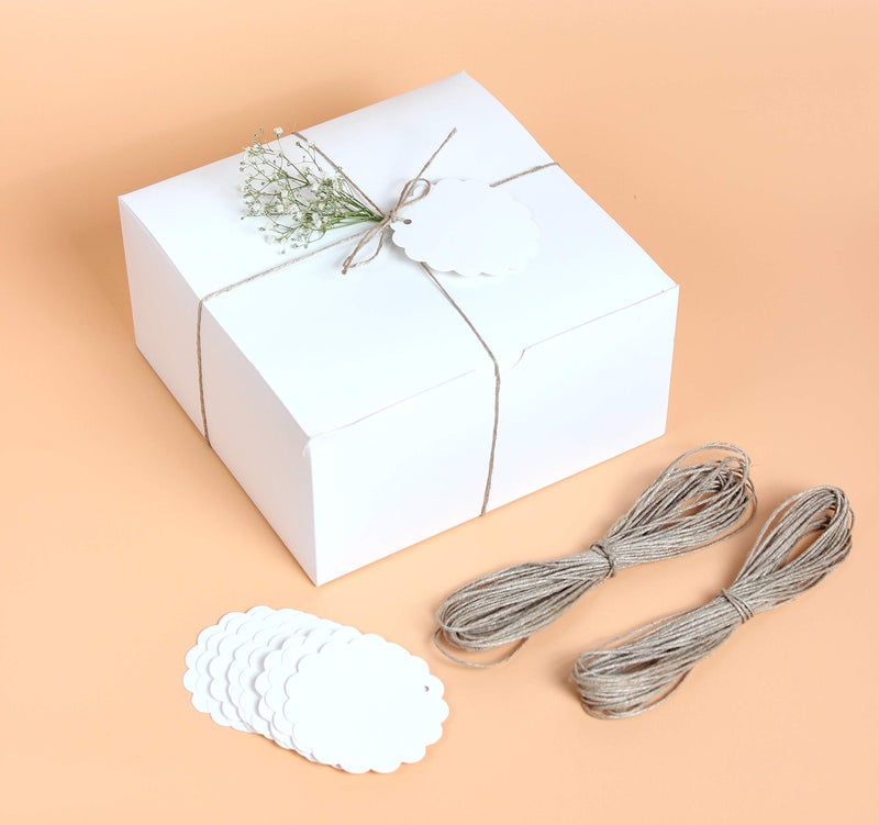 mudrit (20 Pack) Gift Boxes, Thick White Paper Boxes with Lids with 20 Tags & Jute Rope | for Gifts and Favours- 8x8x4 Inches, - Image 1