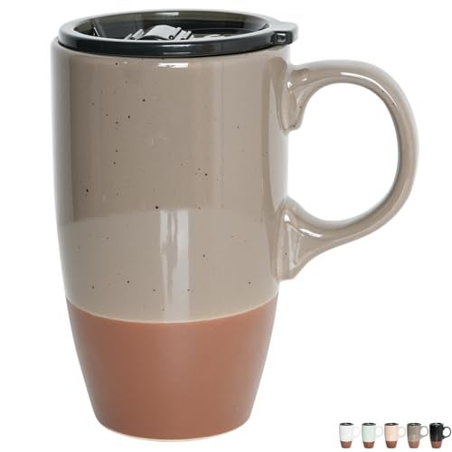 Bosmarlin Ceramic Travel Coffee Mug with Handle and Lid 18 oz Portable Coffee Cup for Car Cup Holder Microwave and Dishwasher Safe Grey - Image 1