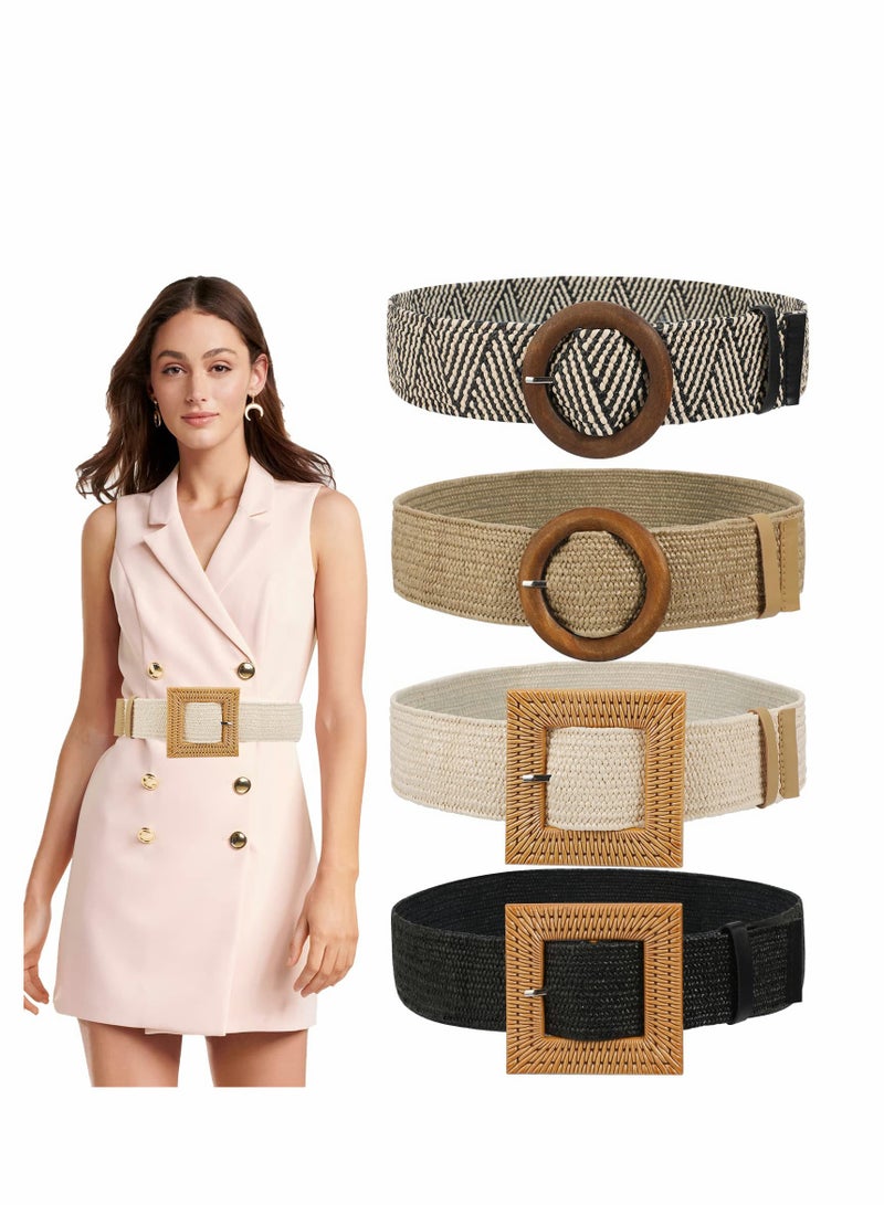 SOLARAE Women Wide Waist Belt, Straw Woven Elastic Stretch Waist Belt for Dress, Wide Waist Belts Fashion Boho Braided Skinny Dress Belt with Buckle for Women Girls 4PCS - Image 1
