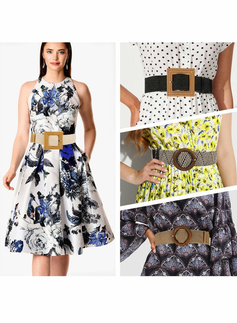 SOLARAE Women Wide Waist Belt, Straw Woven Elastic Stretch Waist Belt for Dress, Wide Waist Belts Fashion Boho Braided Skinny Dress Belt with Buckle for Women Girls 4PCS - Image 4