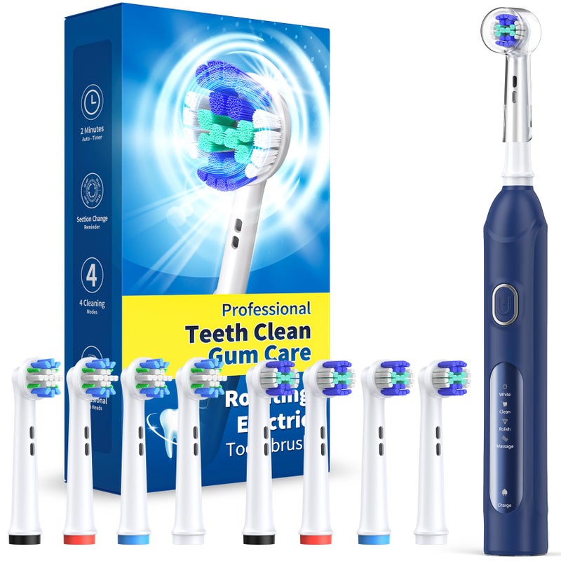 TEETHEORY Rotating Electric Toothbrush for Adults with 8 Brush Heads 2 Types 4 Modes Deep Clean Electric Toothbrush with Rechargeable Power and 2 Min Smart Timer 4Dark Blue p1