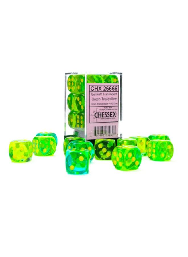 Chessex Gemini Dice Block ; Set Of 12 Size D6 Dice ; Designed For Board Games Roleplaying Games & Miniature Games ; Premium Quality 16 Mm ; Translucent Greenteal Yellow Color ; Made By Chessex - Image 1