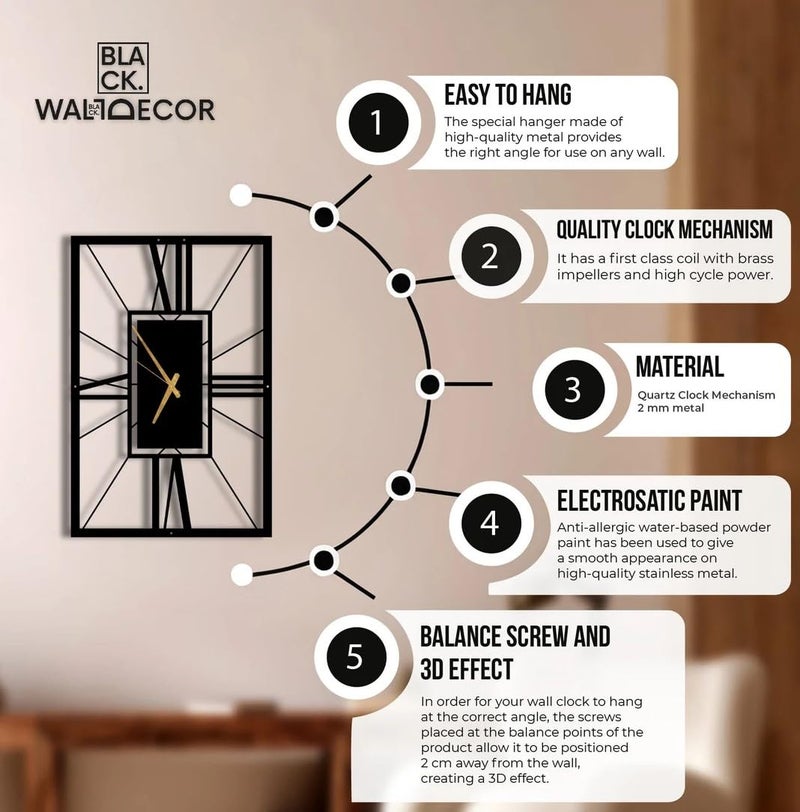 AVVIC MART Wall Clock Stylish Metal Analog Wall Clock for Living Room, Bedroom, Office, Kitchen, Home and Hall | Antique Fancy Big Size Modern Wall Watch (Black DA-9, 50 CM) - Image 3
