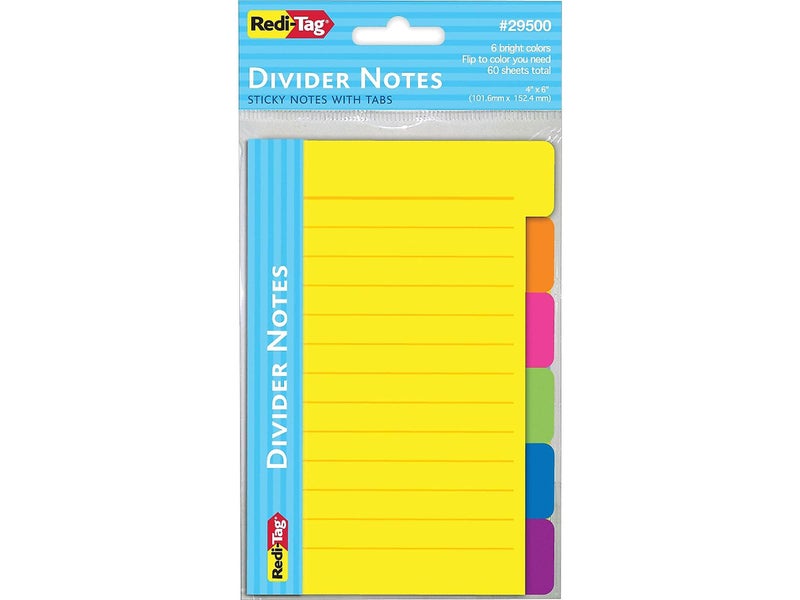 Redi-Tag Divider Sticky Notes, Tabbed Self-Stick Lined Note Pad, 60 Ruled Notes, 4 x 6 Inches, Assorted Neon Colors (29500)