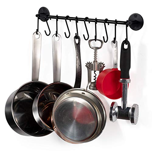 Wallniture Cucina 16" Wall Mount Kitchen Organization Storage Rail with 10 S Hooks for Hanging Pots and Pans Set and Lid Organizer, Black - Image 1