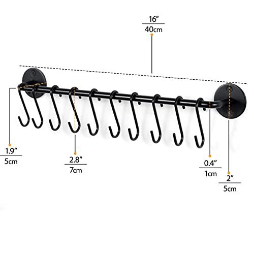Wallniture Cucina 16" Wall Mount Kitchen Organization Storage Rail with 10 S Hooks for Hanging Pots and Pans Set and Lid Organizer, Black - Image 5