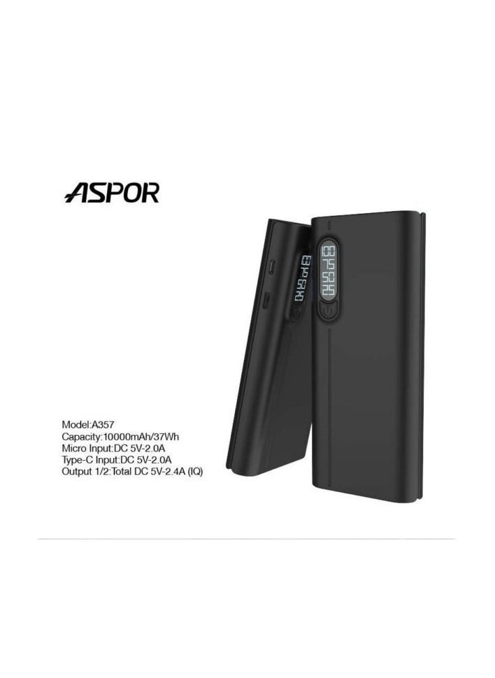 Aspor - Aspor A357 10000 Mah Power Bank With Led Digital Display 2 Port USB - Black - Image 1