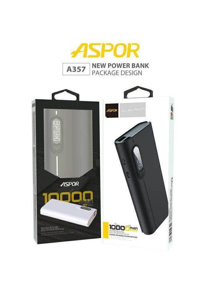 Aspor - Aspor A357 10000 Mah Power Bank With Led Digital Display 2 Port USB - Black - Image 1