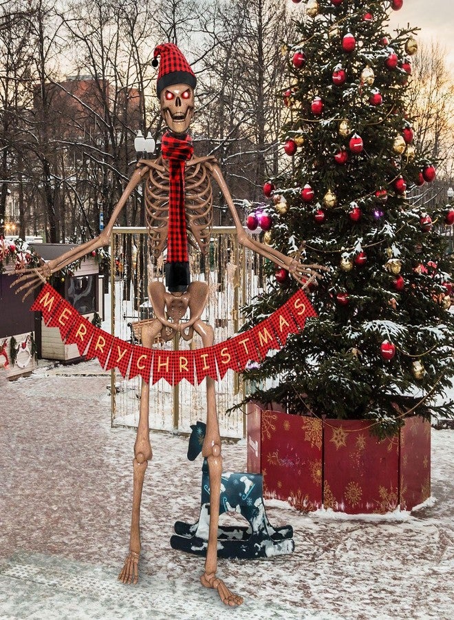 Cozypower 3 Pcs 12 ft Skeleton Christmas Accessories Outfit 44 Inch Giant Santa Hat and Scarf with Handheld Buffalo Plaid Merry Christmas Banner Xmas for 12 ft Skeleton Clothes(Red and Black) - Image 3