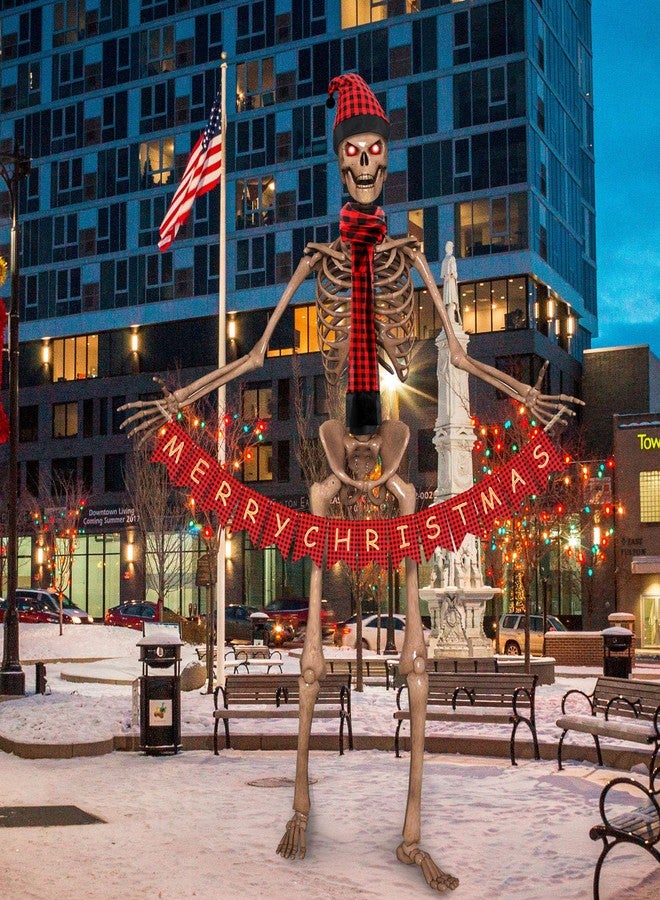 Cozypower 3 Pcs 12 ft Skeleton Christmas Accessories Outfit 44 Inch Giant Santa Hat and Scarf with Handheld Buffalo Plaid Merry Christmas Banner Xmas for 12 ft Skeleton Clothes(Red and Black) - Image 4