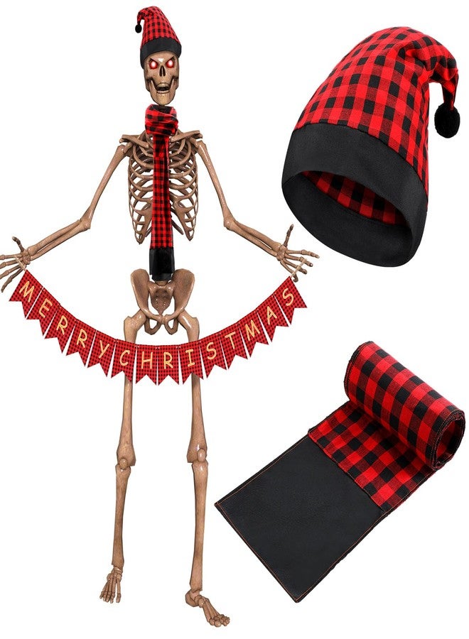 Cozypower 3 Pcs 12 ft Skeleton Christmas Accessories Outfit 44 Inch Giant Santa Hat and Scarf with Handheld Buffalo Plaid Merry Christmas Banner Xmas for 12 ft Skeleton Clothes(Red and Black) - Image 1
