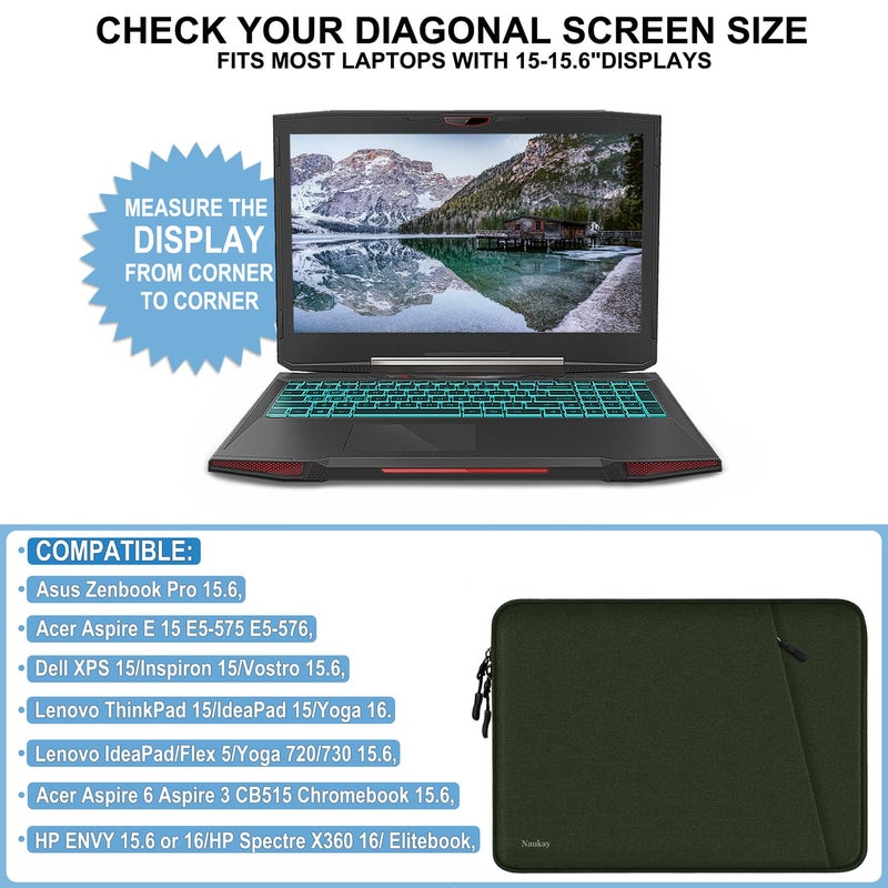 Naukay Laptop Sleeve Case, Shockproof Protective Computer Sleeve Cover with Accessories Pocket, Water Resistant Traveling Carrying 15.6 inch Laptop Bag Compatible for MacBook Dell HP Acer Lenovo, Army Green - Image 4