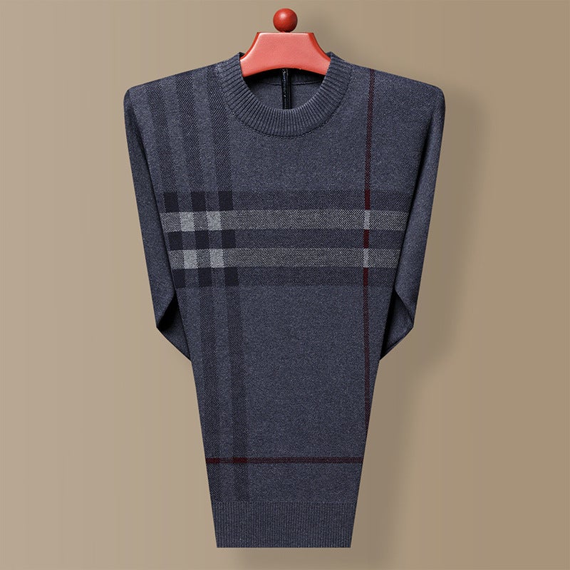 One-piece delivery sweater mens striped new winter round neck thickened sweater middle-aged casual dad sweater Khaki - Image 3