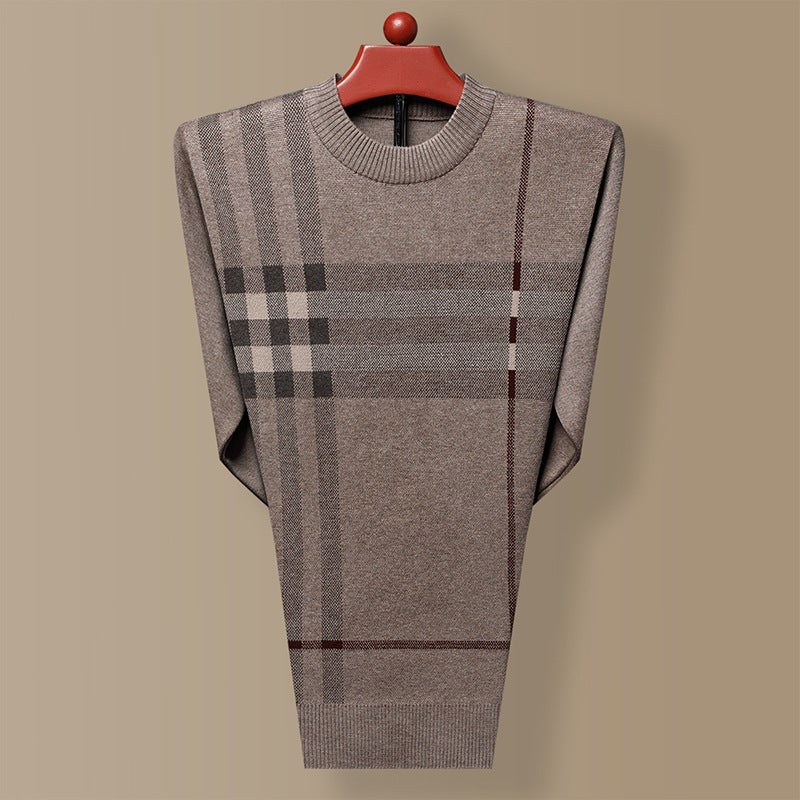 One-piece delivery sweater mens striped new winter round neck thickened sweater middle-aged casual dad sweater Khaki - Image 1