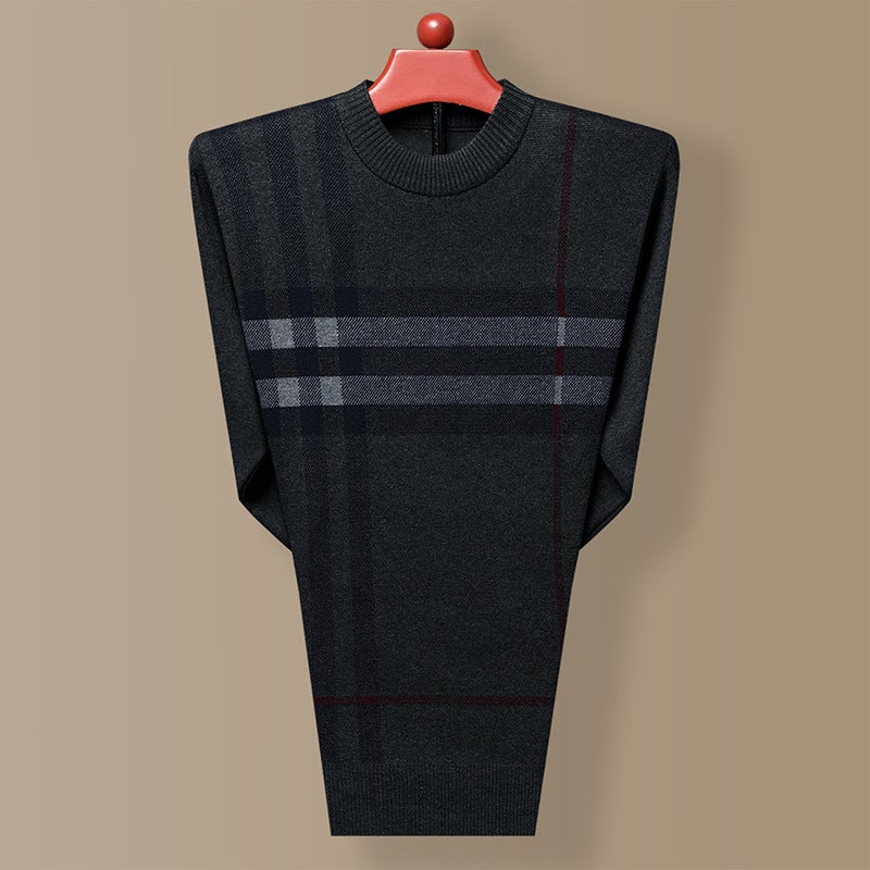 One-piece delivery sweater mens striped new winter round neck thickened sweater middle-aged casual dad sweater Khaki - Image 2