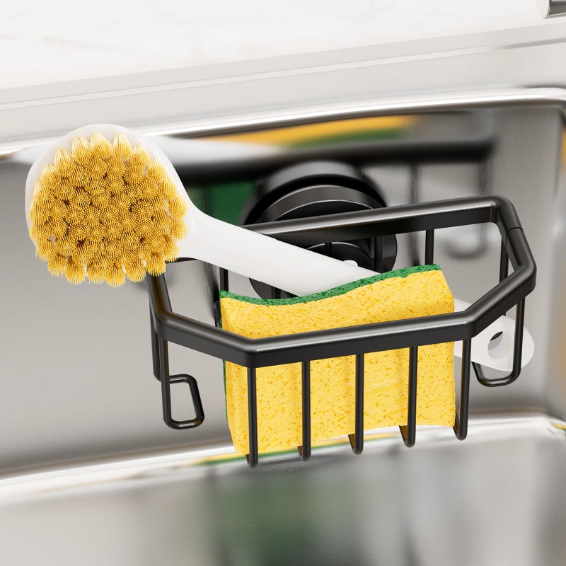 TAILI Sponge Holder with Strong Suction Cup, Dish Sponge Caddy Inside Sink Removable, Rustproof Aluminum for Sponges, Brushes, Stoppers and Scrapers - Black - Image 1
