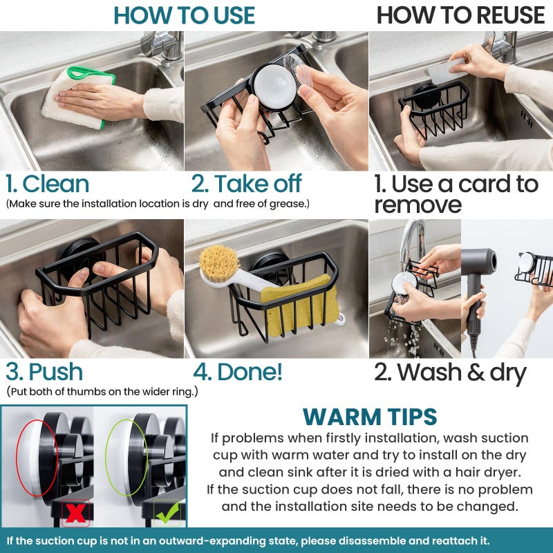 TAILI Sponge Holder with Strong Suction Cup, Dish Sponge Caddy Inside Sink Removable, Rustproof Aluminum for Sponges, Brushes, Stoppers and Scrapers - Black - Image 2