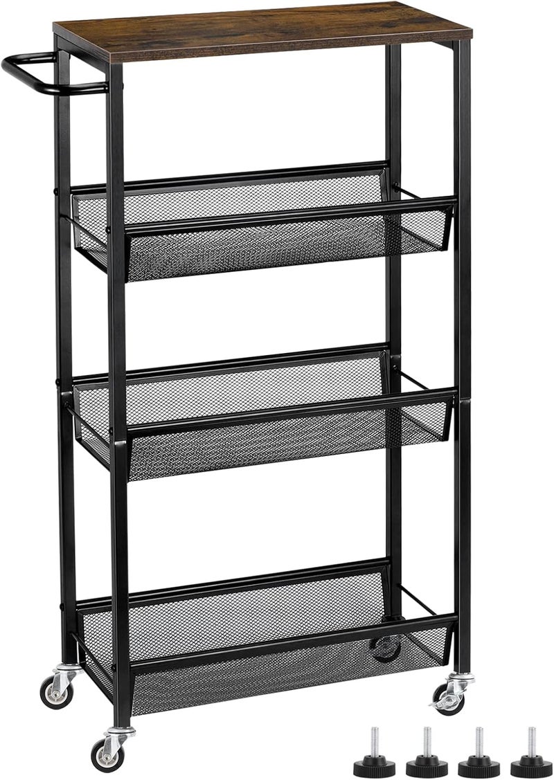 MOOACE Slim Storage Cart, 4 Tier Rolling Kitchen Shelving Unit on Wheels Mobile Narrow Cart with Wooden Tabletop for Bathroom, Laundry Narrow Places, 16.6''x 7.3''x 31.1''inch - Image 1
