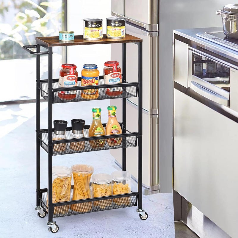 MOOACE Slim Storage Cart, 4 Tier Rolling Kitchen Shelving Unit on Wheels Mobile Narrow Cart with Wooden Tabletop for Bathroom, Laundry Narrow Places, 16.6''x 7.3''x 31.1''inch - Image 5