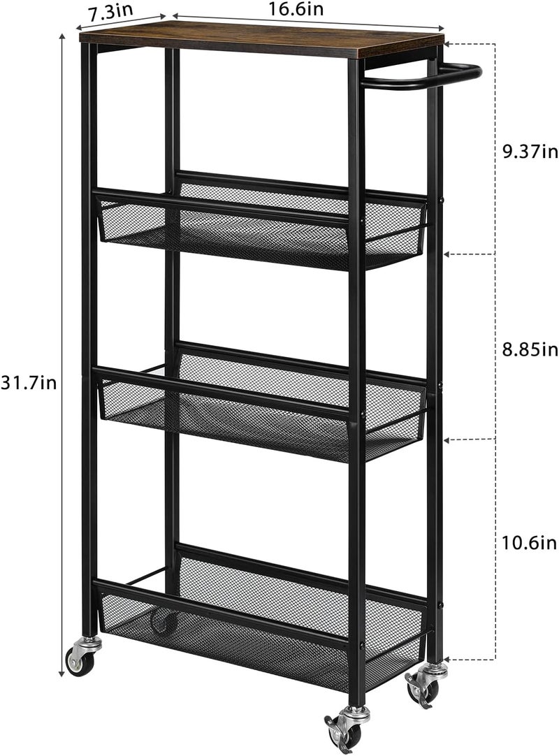 MOOACE Slim Storage Cart, 4 Tier Rolling Kitchen Shelving Unit on Wheels Mobile Narrow Cart with Wooden Tabletop for Bathroom, Laundry Narrow Places, 16.6''x 7.3''x 31.1''inch - Image 2