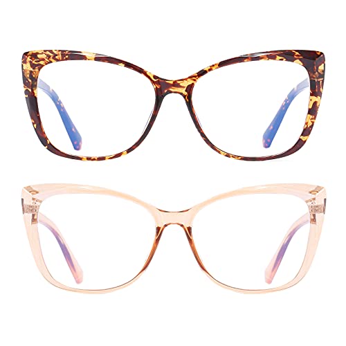 OWTXIS 2 Pack Oversized Cat-Eye Reading Glasses for Women, Lightweight Large Frame Fashion Readers (Tortoise+Champagne +2.00) - Image 2