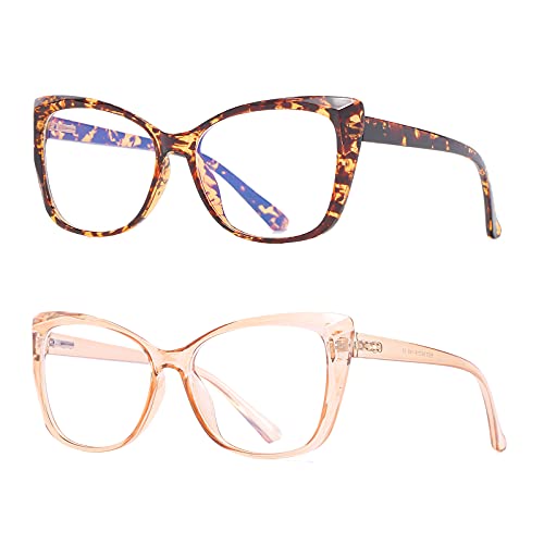 OWTXIS 2 Pack Oversized Cat-Eye Reading Glasses for Women, Lightweight Large Frame Fashion Readers (Tortoise+Champagne +2.00) - Image 1