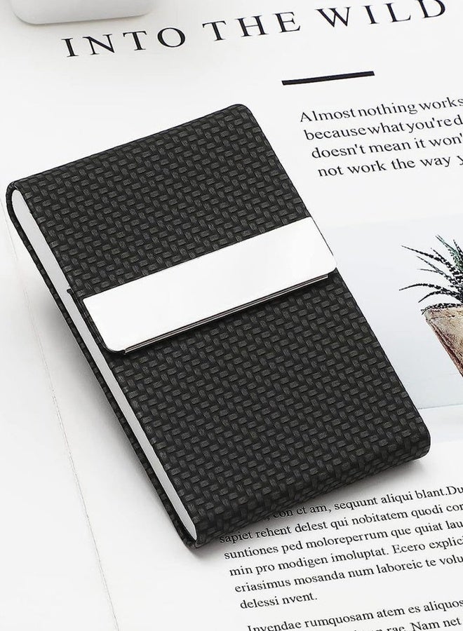 Business Card Holder Metal Business Card Case Pocket Card Holder for Women and Men Professional PU Leather Business Card Holders RFID Blocking Name Card Holder Case with Magnetic Clasp,Black Carbon - Image 2