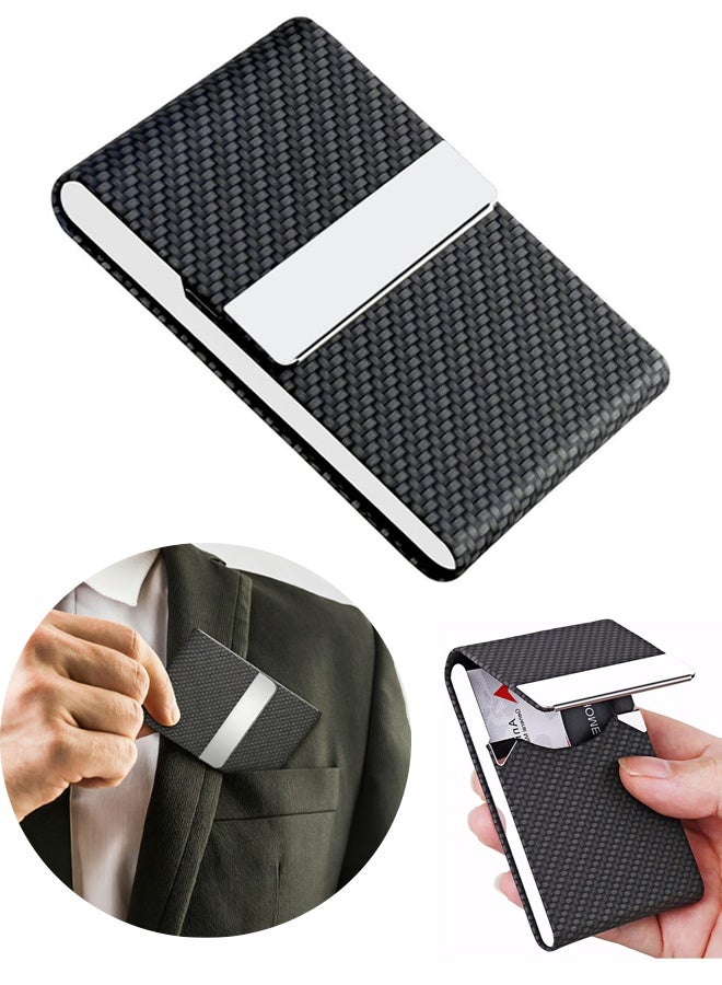 Business Card Holder Metal Business Card Case Pocket Card Holder for Women and Men Professional PU Leather Business Card Holders RFID Blocking Name Card Holder Case with Magnetic Clasp,Black Carbon - Image 1