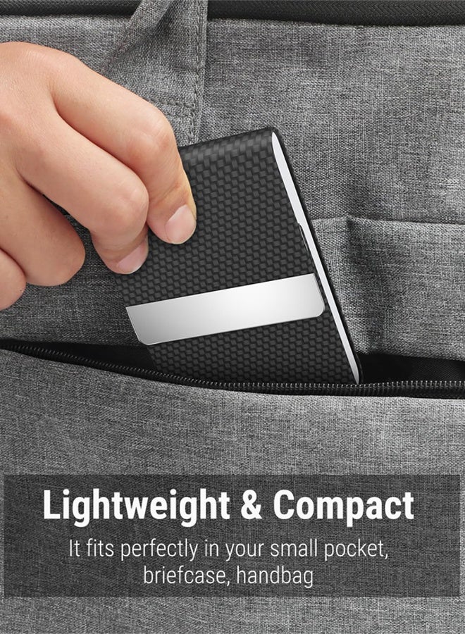 Business Card Holder Metal Business Card Case Pocket Card Holder for Women and Men Professional PU Leather Business Card Holders RFID Blocking Name Card Holder Case with Magnetic Clasp,Black Carbon - Image 5