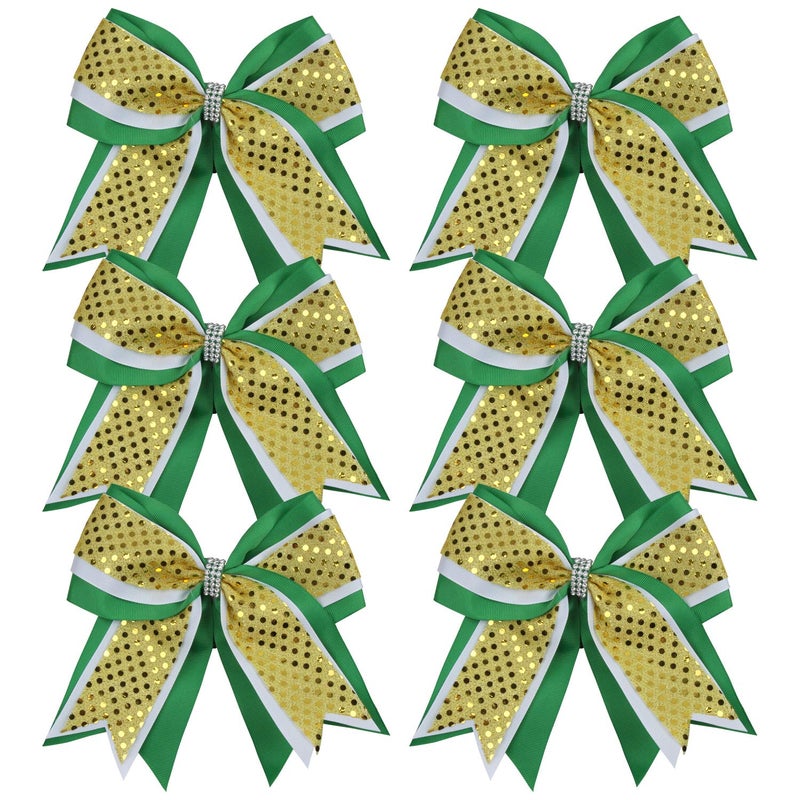 Cheerleader Bows 8 Inch 3 Layers 6 Pcs Ponytail Holder Jumbo Cheerleading Bows Hair Elastic Hair Tie for High School College GreenWhiteGold