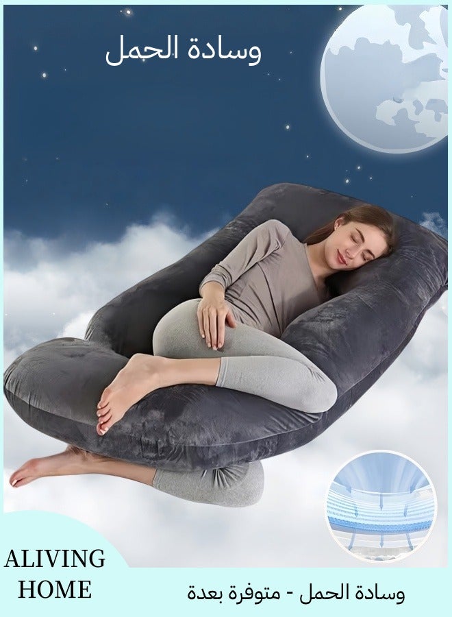 أَليفينجهوم مخدة حوامل  للنوم، وسادة حمل على شكل حرف G لدعم الأمومة لكامل الجسم، وسادة للحوامل بغطاء مخملي قابل للإزالة من القطن، مخدة دعم الأمومة لكامل الجسم (أسود) - Image 1