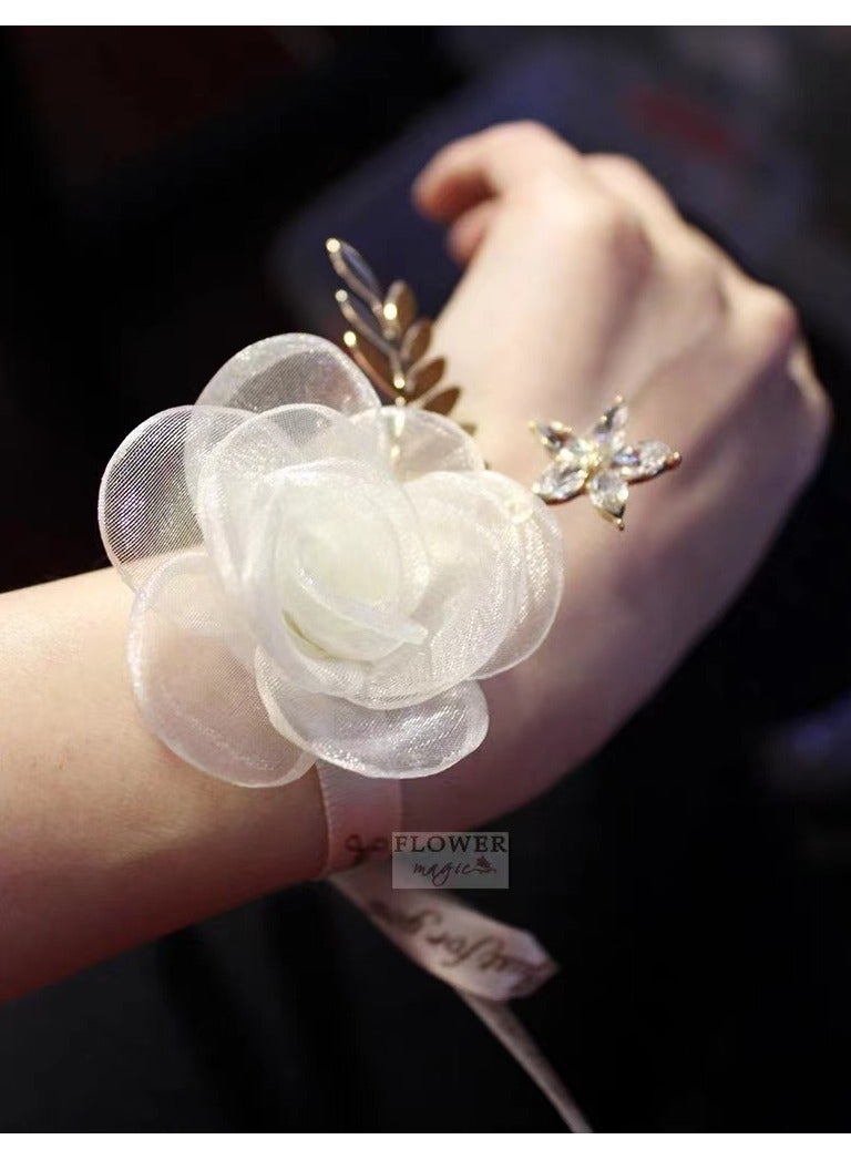 ورد معصم زفاف مقدس بشريط ساتان أبيض | إكسسوارات عروس ووصيفات بحبات لؤلؤ - زينة حفل الزفاف
