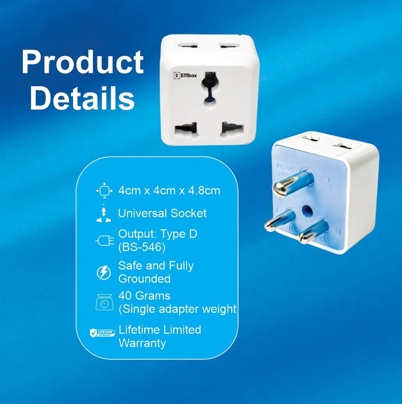 EMBOX محول عالمي 2 دبوس متعدد المآخذ نوع D متوافق مع الولايات المتحدة والمملكة المتحدة والصين، مقبس تمديد مدمج ومحول للكمبيوتر المحمول والهاتف والكاميرا، 6A عبوة من 4 - Image 4