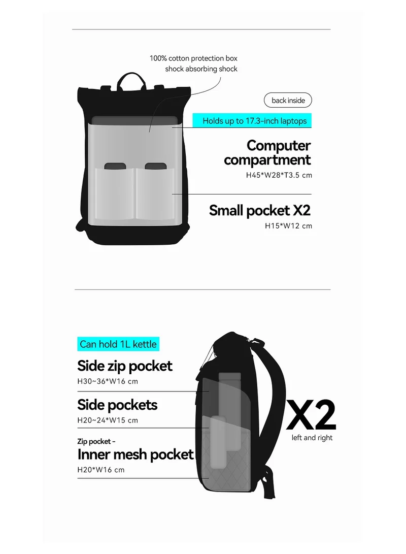 MARK RYDEN MARK RYDEN Laptop Backpack, 17.3 Inch Roll-Top Lightweight Leisure Backpack, Business Laptop Backpack for Men and Women, USB Charging Port, black