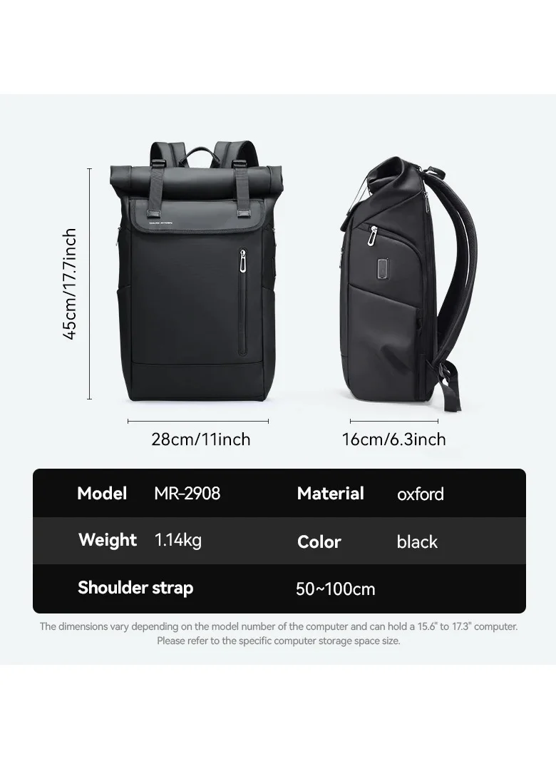 MARK RYDEN MARK RYDEN Laptop Backpack, 17.3 Inch Roll-Top Lightweight Leisure Backpack, Business Laptop Backpack for Men and Women, USB Charging Port, black