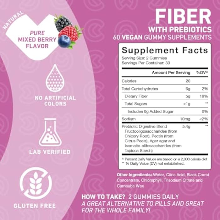 PUREFINITY Fiber Gummies for Adults with Inulin FOS from Chicory Root, Sugar Free Prebiotic Supplement for Daily Digestion & Constipation Support – Non-GMO, Vegan, 60 Count - Image 4