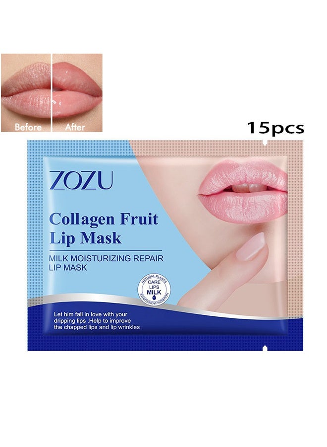 Zozu 15 Pcs Collagen Fruit Lip Mask, Milk Moisturizing Repair Lip Mask Hydrating Repairing Improve Chapped Lips and Lip Wrinkles Nourishing Smooth Fade Lip Lines Lip Mask Set for Women and Men All Skin Types - Image 1