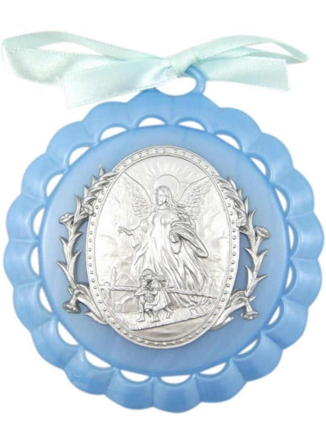 WJH Moulded Acrylic Blue Crib Medal with Guardian Angel for Baby Boy Nursery Decor, 3 1/2 Inch - Image 1