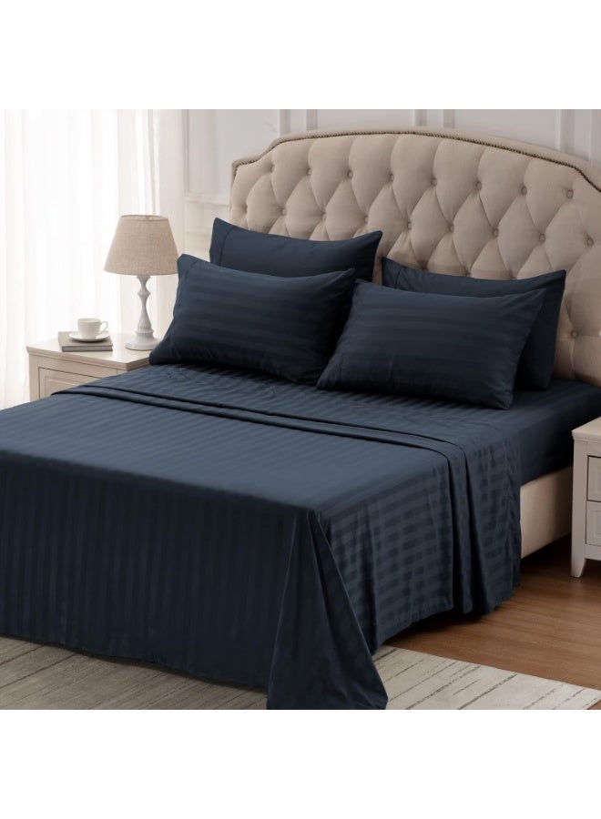 Luxury 3-Piece Navy Blue Cotton Bed Sheet Set – Ultra Soft Flat Sheet & Pillowcases with Striped Design, Breathable & Comfortable for Home or Hotel (Single/Double) - Image 4