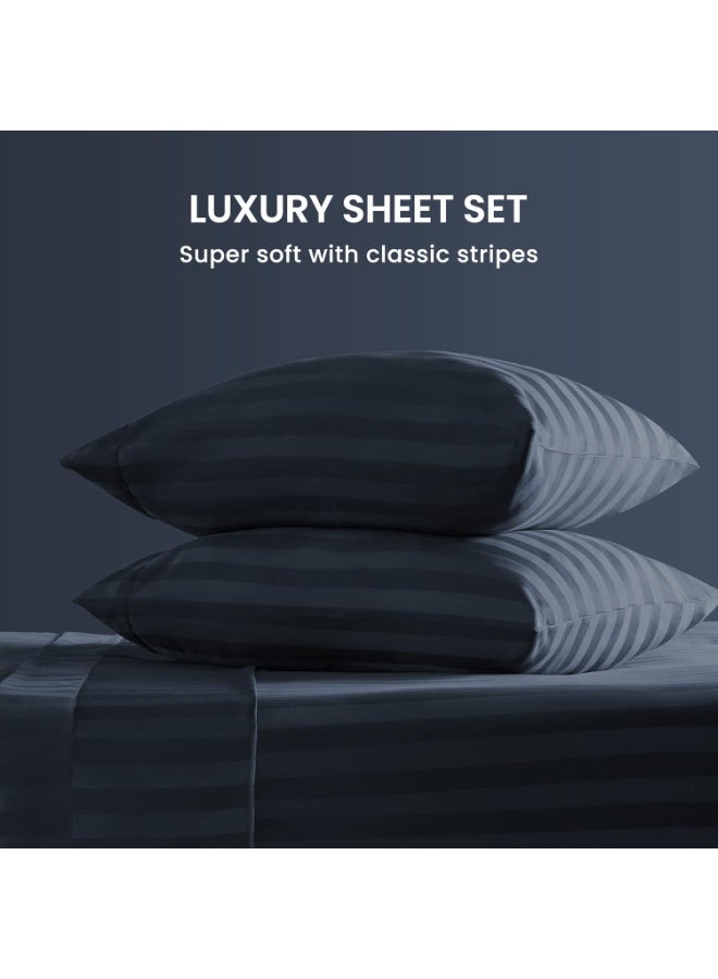 Luxury 3-Piece Navy Blue Cotton Bed Sheet Set – Ultra Soft Flat Sheet & Pillowcases with Striped Design, Breathable & Comfortable for Home or Hotel (Single/Double) - Image 2